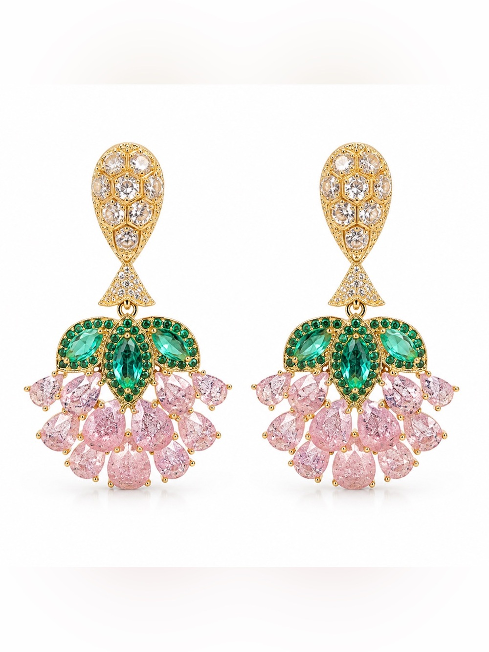 Mango Gold-Tone Green and Pink Crystal Fan Drop Earrings